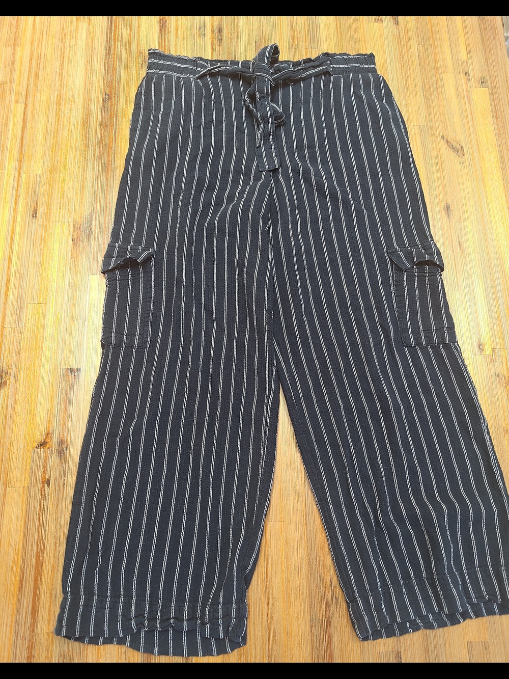 Maurices Women's Navy & White Striped Linen Blend Relaxed Fit Pants Size L